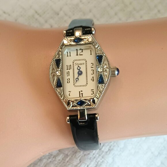 Stauer Art Deco Style Wristwatch Ladies Vintage Silver Tone Navy & Clear Stones - Picture 1 of 12